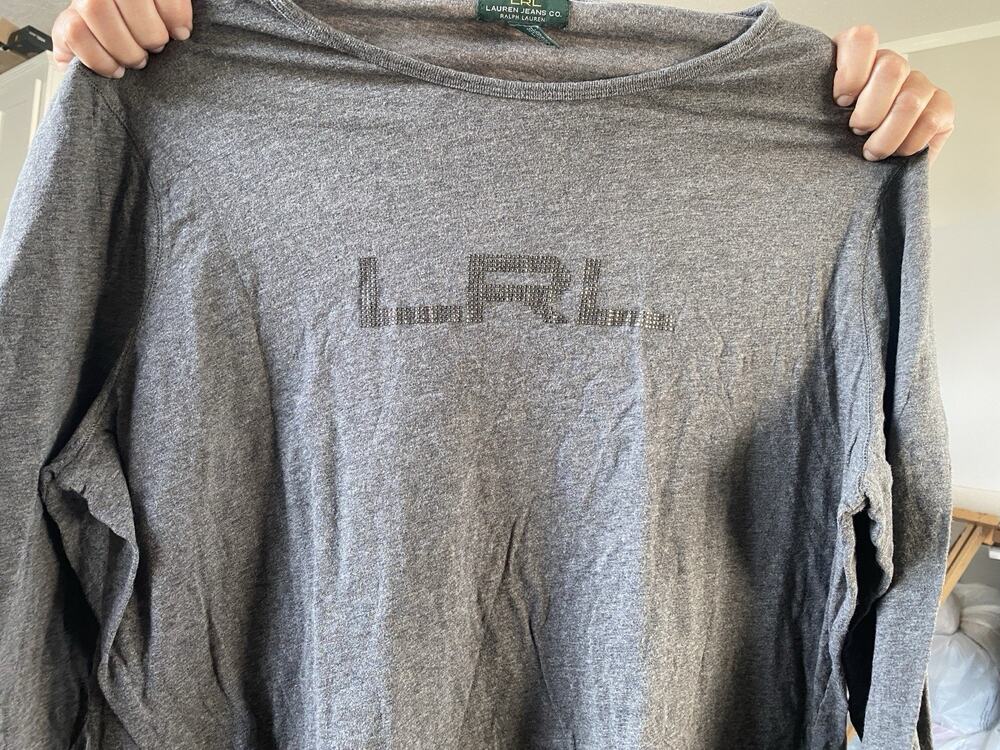 LRL JEANS RALPH LAUREN Long Sleeve T-Shirt Gray Embellished Silver Logo 2X